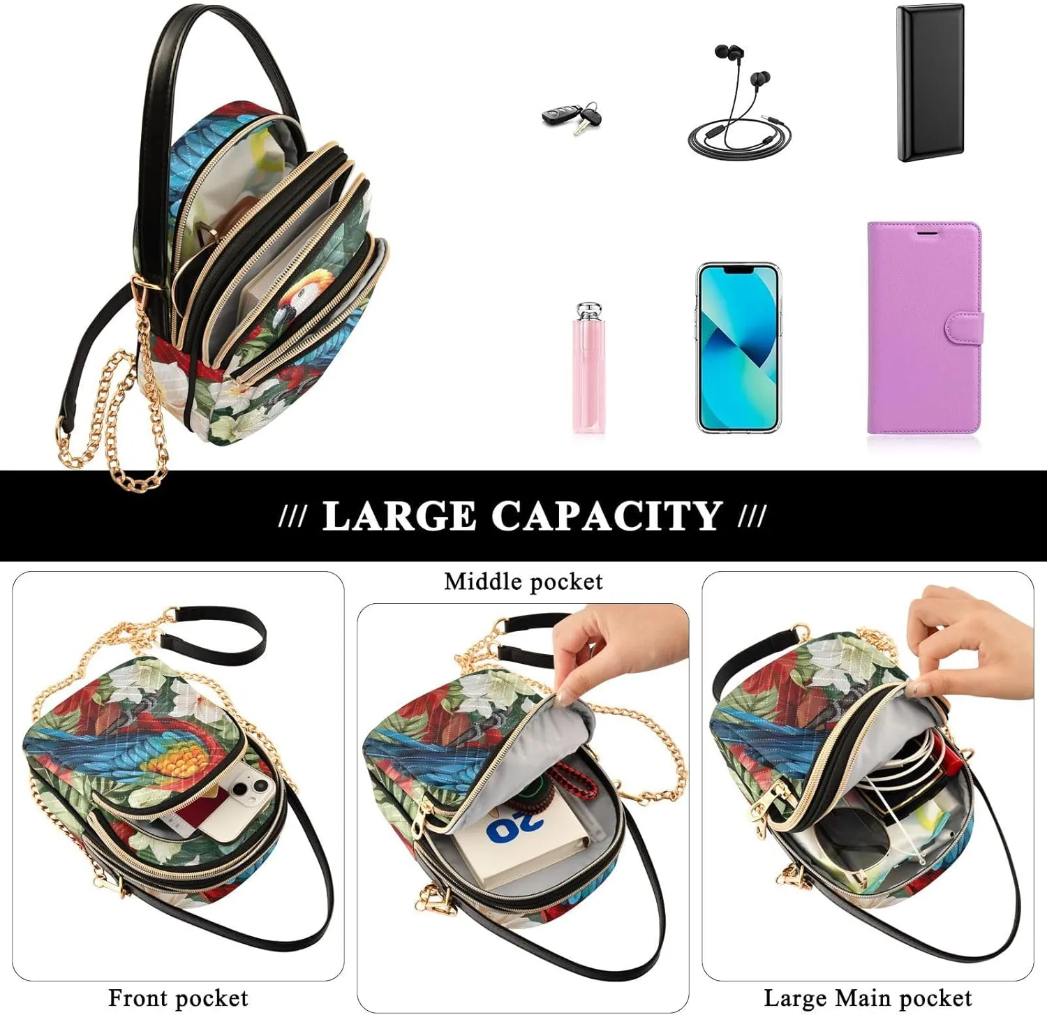 GAIGEO Colorful Tropical Leaves Crossbody Handbag with Chain Strap, Women's Crossbody Bag, Small Crossbody Purses for Women