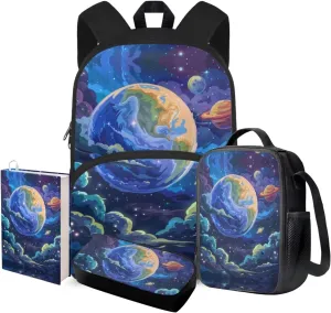 Galaxy Kids Backpack and Lunch Bag Set for First Year School 8-10 Years Large Capacity 15 inch Laptop Rucksack for Kindergarten Elementary School