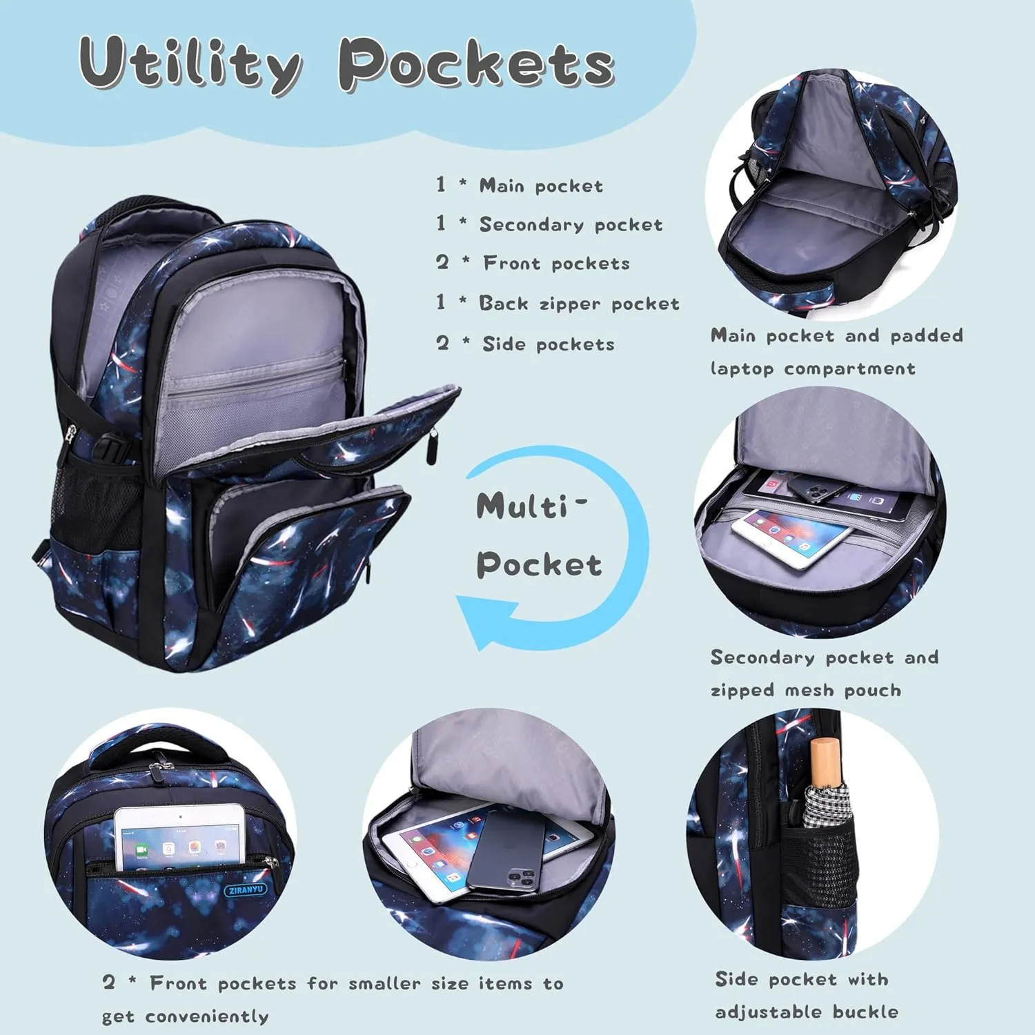 Galaxy-Print School-Bag Backpack for Boys Middle-School Elementary Bookbag