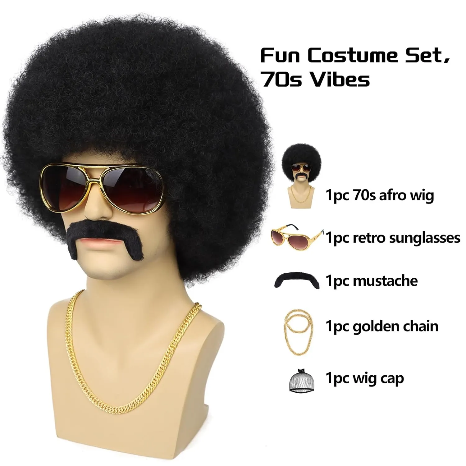 G&T 70s Afro Wig for Men - Glasses Chain & Mustache Mens Costume - Short Curly Natural Black Hair - Fluffy Synthetic Funny Wig for Party Halloween Hippies Rocker (Black)