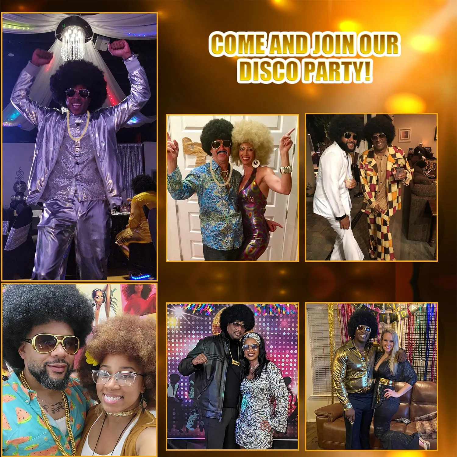 G&T 70s Afro Wig for Men - Glasses Chain & Mustache Mens Costume - Short Curly Natural Black Hair - Fluffy Synthetic Funny Wig for Party Halloween Hippies Rocker (Black)