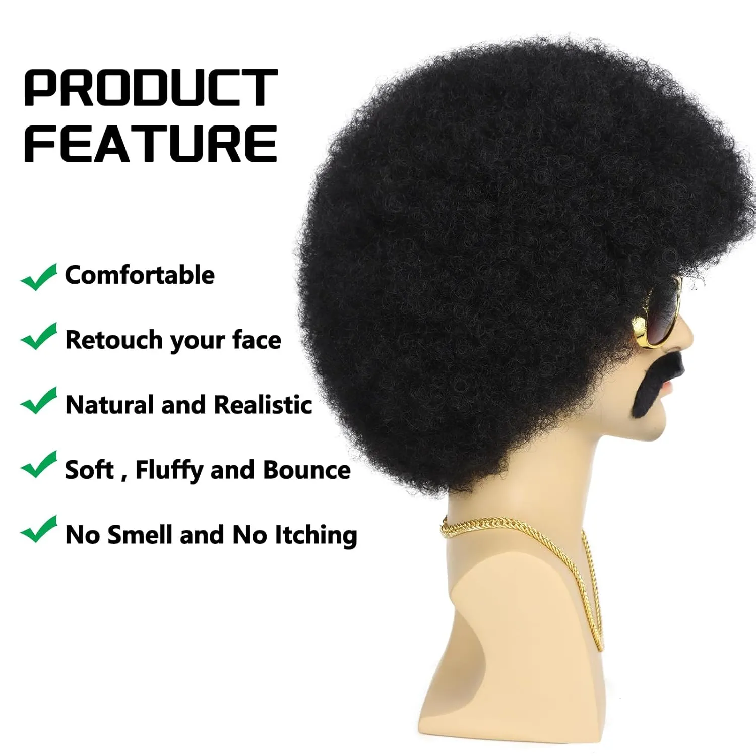 G&T 70s Afro Wig for Men - Glasses Chain & Mustache Mens Costume - Short Curly Natural Black Hair - Fluffy Synthetic Funny Wig for Party Halloween Hippies Rocker (Black)