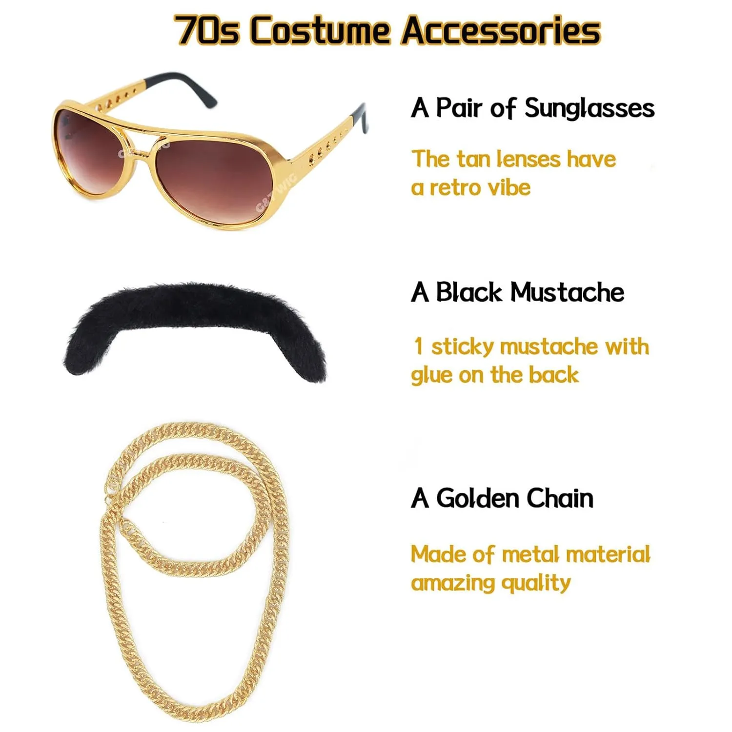 G&T 70s Afro Wig for Men - Glasses Chain & Mustache Mens Costume - Short Curly Natural Black Hair - Fluffy Synthetic Funny Wig for Party Halloween Hippies Rocker (Black)