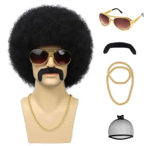 G&T 70s Afro Wig for Men - Glasses Chain & Mustache Mens Costume - Short Curly Natural Black Hair - Fluffy Synthetic Funny Wig for Party Halloween Hippies Rocker (Black)