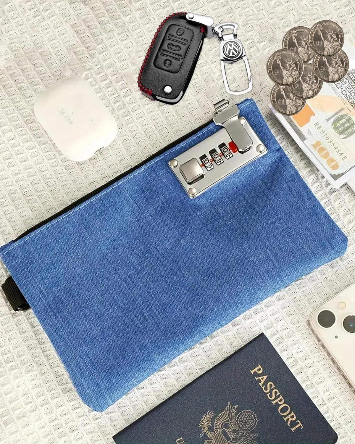 GEEDUD Lockable Money Bag - 5x8 Inches Durable Nylon Locking Bank Bag Coin Purse for Cash, Jewelry, Passports, Medicine, Credit Cards and Valuable Storage Cash Pouch (Blue)
