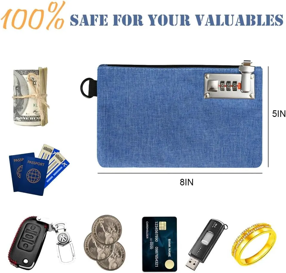 GEEDUD Lockable Money Bag - 5x8 Inches Durable Nylon Locking Bank Bag Coin Purse for Cash, Jewelry, Passports, Medicine, Credit Cards and Valuable Storage Cash Pouch (Blue)