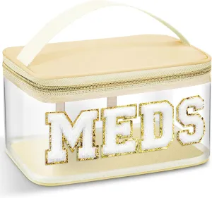 Geetery Chenille Letter Bag Nylon Makeup Portable Cases Preppy Patch Makeup Bag with Zipper Cosmetic Toiletry Storage case for Women(Beige,Rustic Meds)