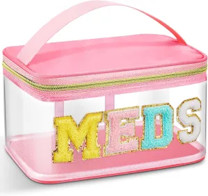 Geetery Chenille Letter Bag Nylon Makeup Portable Cases Preppy Patch Makeup Bag with Zipper Cosmetic Toiletry Storage case for Women(Pink,Chic Meds)
