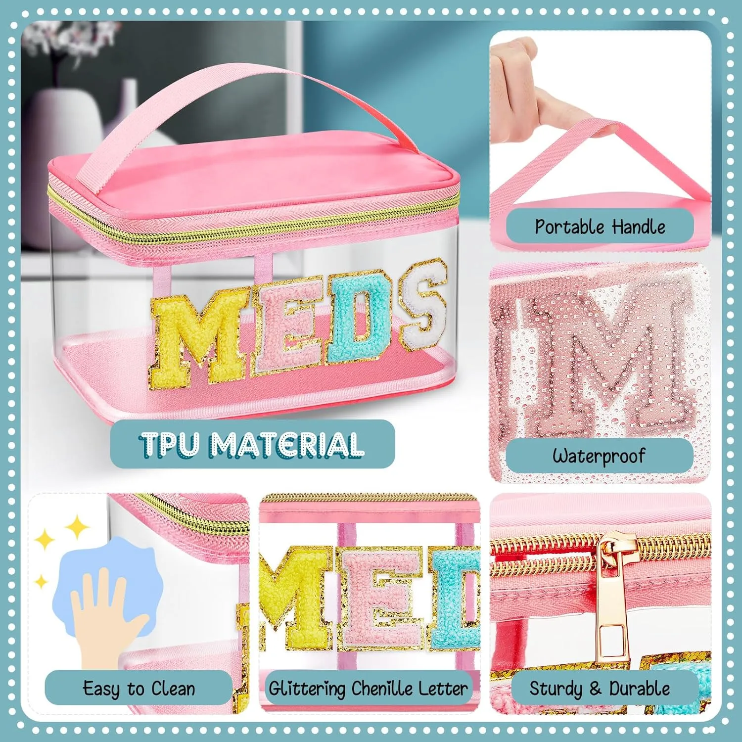 Geetery Chenille Letter Bag Nylon Makeup Portable Cases Preppy Patch Makeup Bag with Zipper Cosmetic Toiletry Storage case for Women(Pink,Chic Meds)