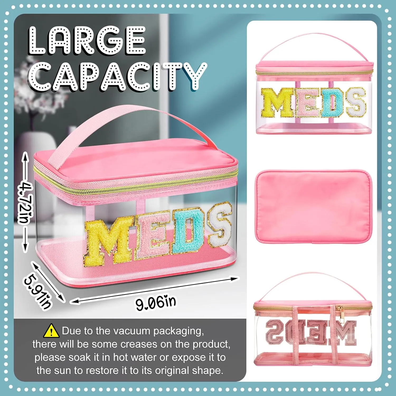 Geetery Chenille Letter Bag Nylon Makeup Portable Cases Preppy Patch Makeup Bag with Zipper Cosmetic Toiletry Storage case for Women(Pink,Chic Meds)