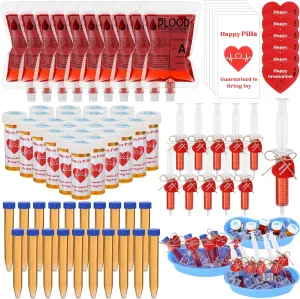 Geiserailie 123 Pcs Nursing Graduation Party Supplies Set 20 Blood Bag for Drink Dram Empty Pill Bottles Push Down Test Tubes Syringe Sticky Labels and 3 Kidney Basin for Nurse RN Graduation Party