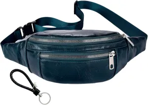 Genuine Leather Vintage Travel Fanny Pack Zipper Pockets with Key Ring Strap, Adjustable Strap Sling Bags Crossbody Daypack, Cowhide Leather Waist Backpack (Blue Green)
