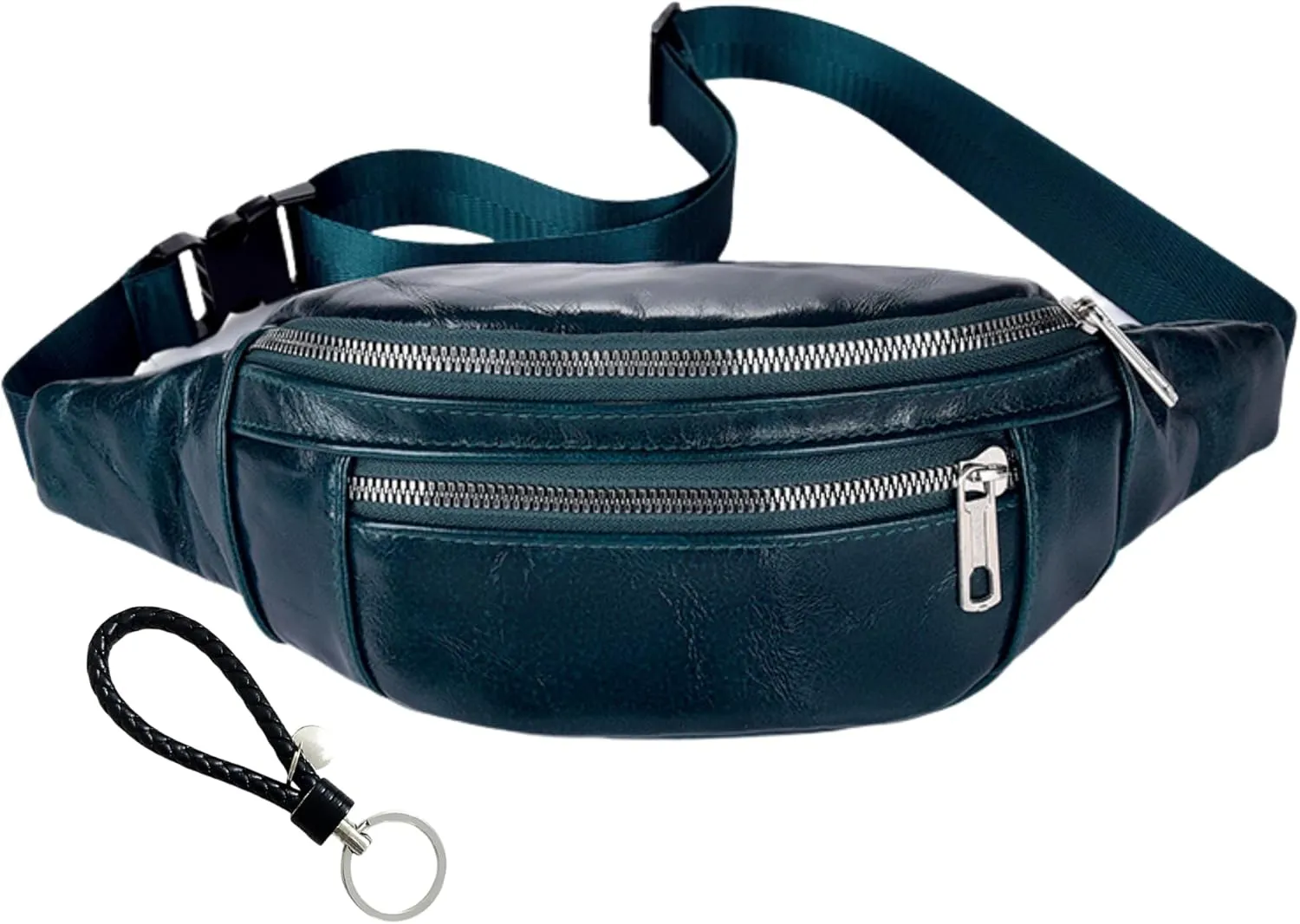Genuine Leather Vintage Travel Fanny Pack Zipper Pockets with Key Ring Strap, Adjustable Strap Sling Bags Crossbody Daypack, Cowhide Leather Waist Backpack (Blue Green)