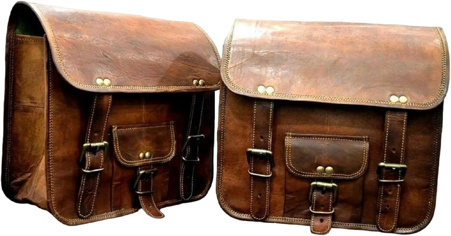 GifteQ Leather Saddle Bags for Motorcycle Messenger Saddle Bag Bike Motorcycle Accessories Bicycle Tool Bag Luggage Bag for Motorcycles and Bikes (Set of 2) (11 x 15 x 3.5 Inches)