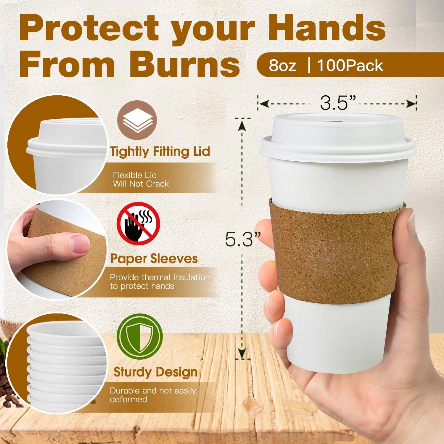 Ginkgo 100 Pack 16 oz Disposable Coffee Cups with Lids and Sleeves Leak-Proof White Paper Cups, Insulated To Go Hot Beverage Cups