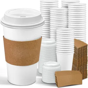 Ginkgo 100 Pack 16 oz Disposable Coffee Cups with Lids and Sleeves Leak-Proof White Paper Cups, Insulated To Go Hot Beverage Cups