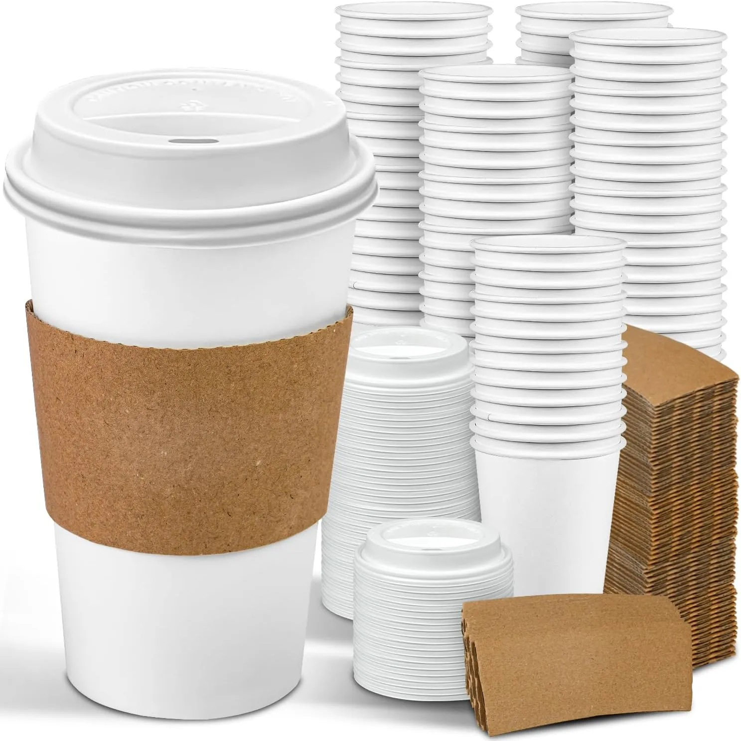 Ginkgo 100 Pack 16 oz Disposable Coffee Cups with Lids and Sleeves Leak-Proof White Paper Cups, Insulated To Go Hot Beverage Cups
