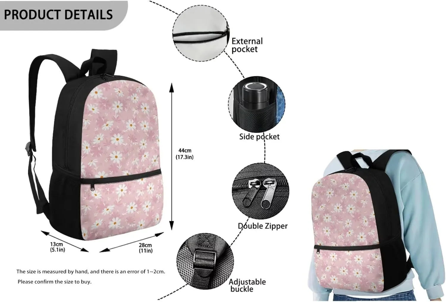 Girls Backpack and Lunch Box and Pencil Case Set 17’’ Backpack for Girls 6-10 Large Capacity Printed Pen Organizer Leakproof Insulated Lunch Box Lightweight (Daisy)