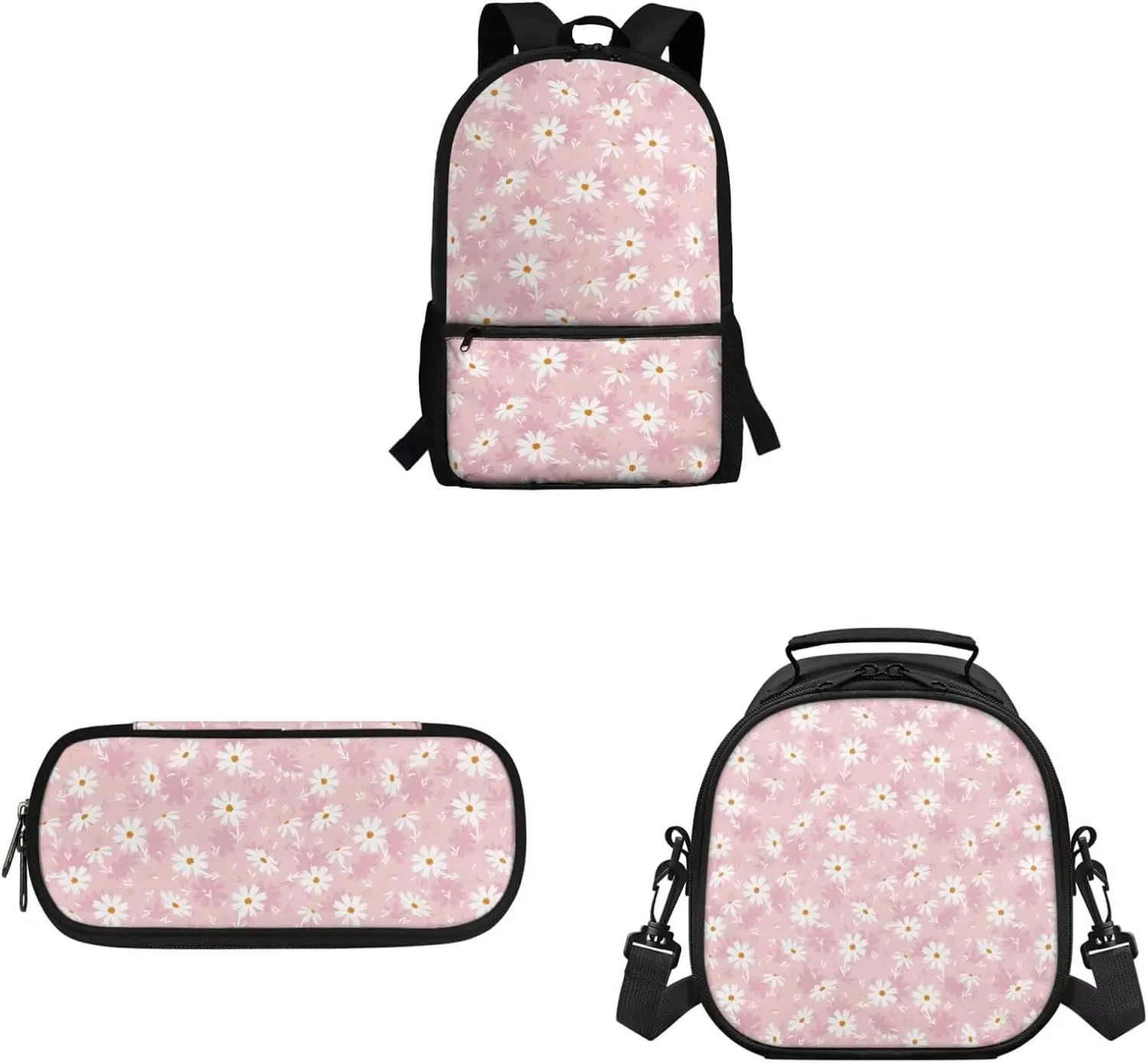 Girls Backpack and Lunch Box and Pencil Case Set 17’’ Backpack for Girls 6-10 Large Capacity Printed Pen Organizer Leakproof Insulated Lunch Box Lightweight (Daisy)