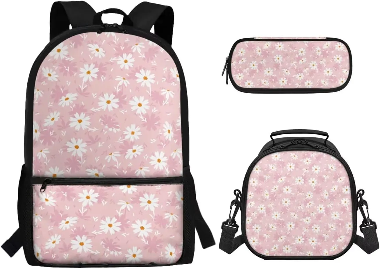 Girls Backpack and Lunch Box and Pencil Case Set 17’’ Backpack for Girls 6-10 Large Capacity Printed Pen Organizer Leakproof Insulated Lunch Box Lightweight (Daisy)