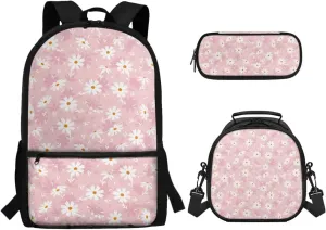 Girls Backpack and Lunch Box and Pencil Case Set 17’’ Backpack for Girls 6-10 Large Capacity Printed Pen Organizer Leakproof Insulated Lunch Box Lightweight (Daisy)