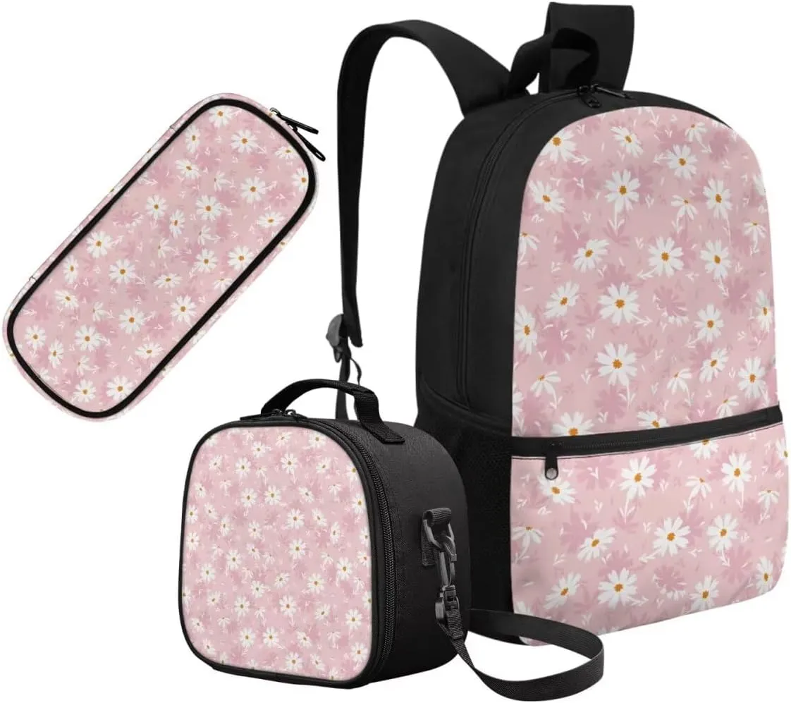 Girls Backpack and Lunch Box and Pencil Case Set 17’’ Backpack for Girls 6-10 Large Capacity Printed Pen Organizer Leakproof Insulated Lunch Box Lightweight (Daisy)