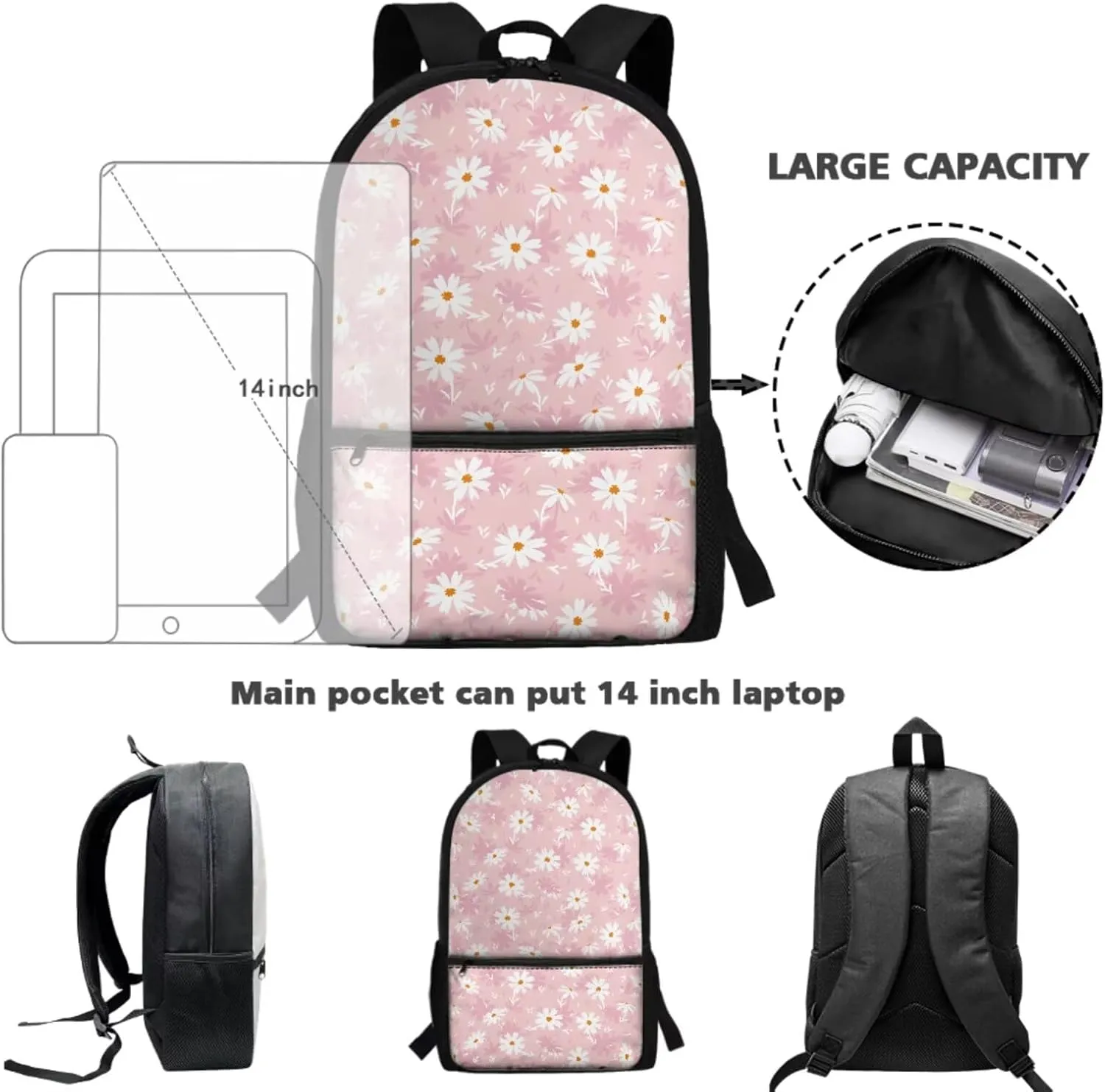 Girls Backpack and Lunch Box and Pencil Case Set 17’’ Backpack for Girls 6-10 Large Capacity Printed Pen Organizer Leakproof Insulated Lunch Box Lightweight (Daisy)