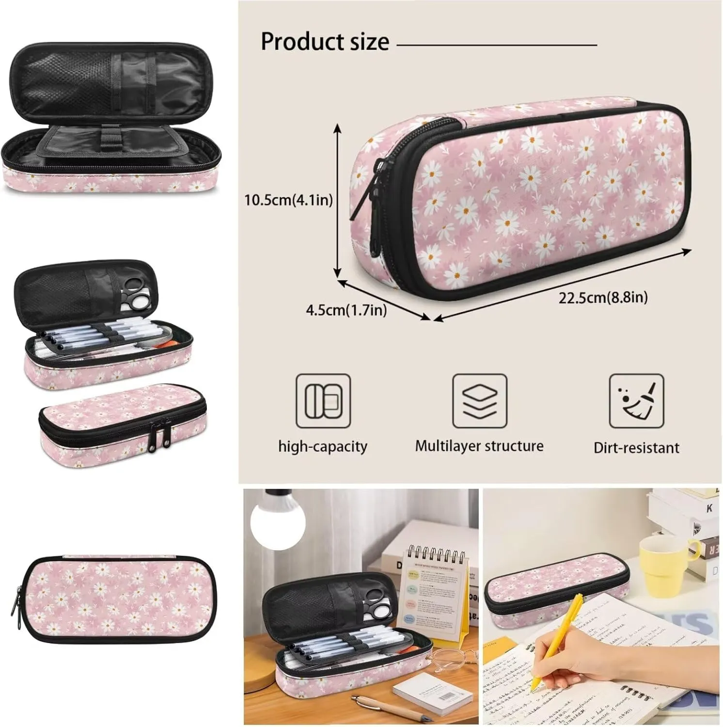 Girls Backpack and Lunch Box and Pencil Case Set 17’’ Backpack for Girls 6-10 Large Capacity Printed Pen Organizer Leakproof Insulated Lunch Box Lightweight (Daisy)