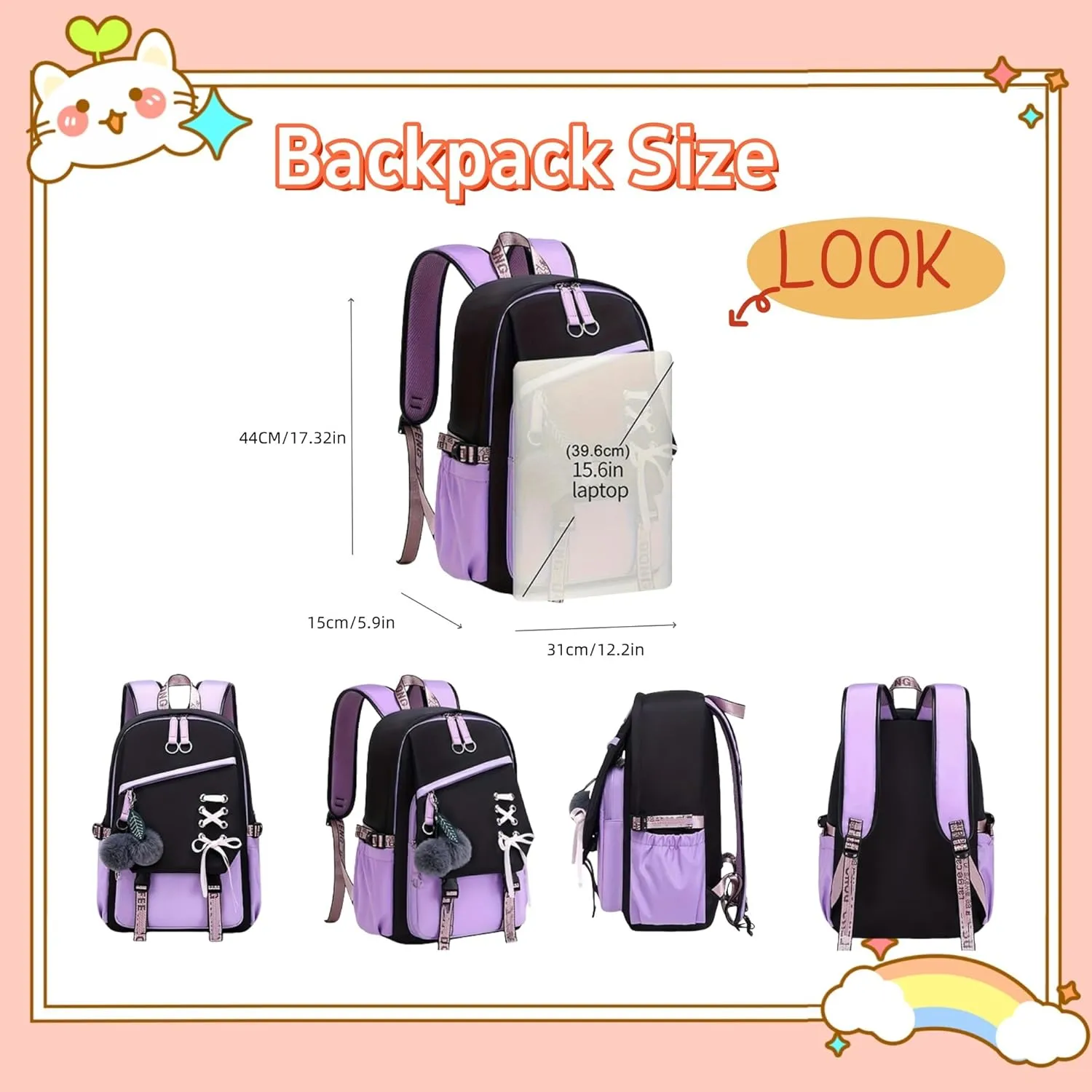 Girls Backpack Color-blocking Teenage Bookbag Nylon Waterproof Kids Elementary Middle Schoolbag