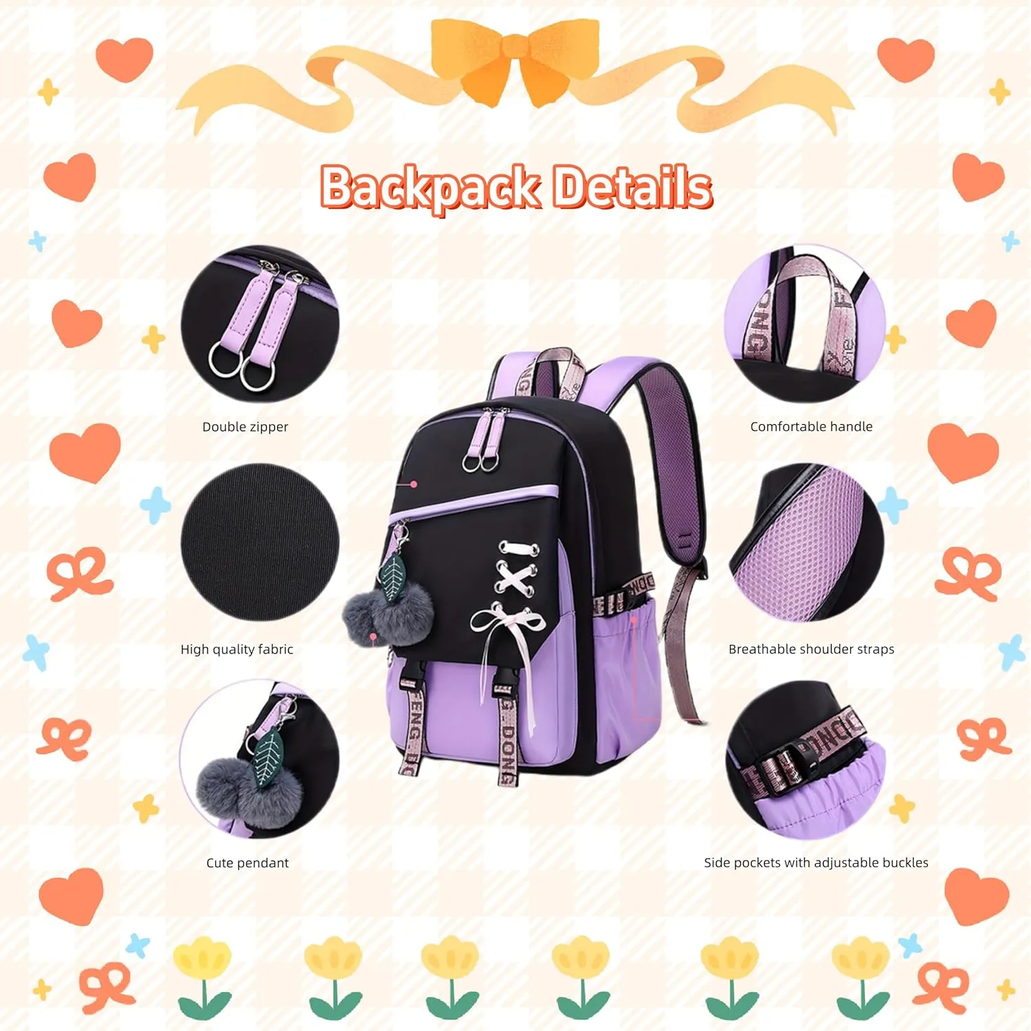 Girls Backpack Color-blocking Teenage Bookbag Nylon Waterproof Kids Elementary Middle Schoolbag