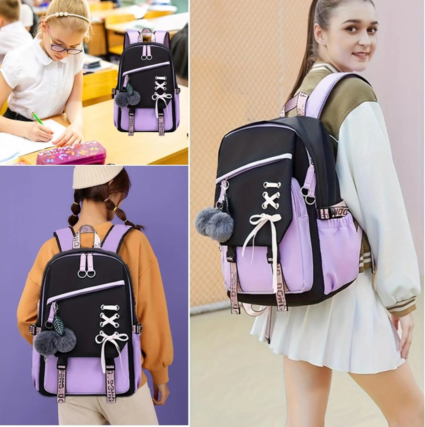 Girls Backpack Color-blocking Teenage Bookbag Nylon Waterproof Kids Elementary Middle Schoolbag