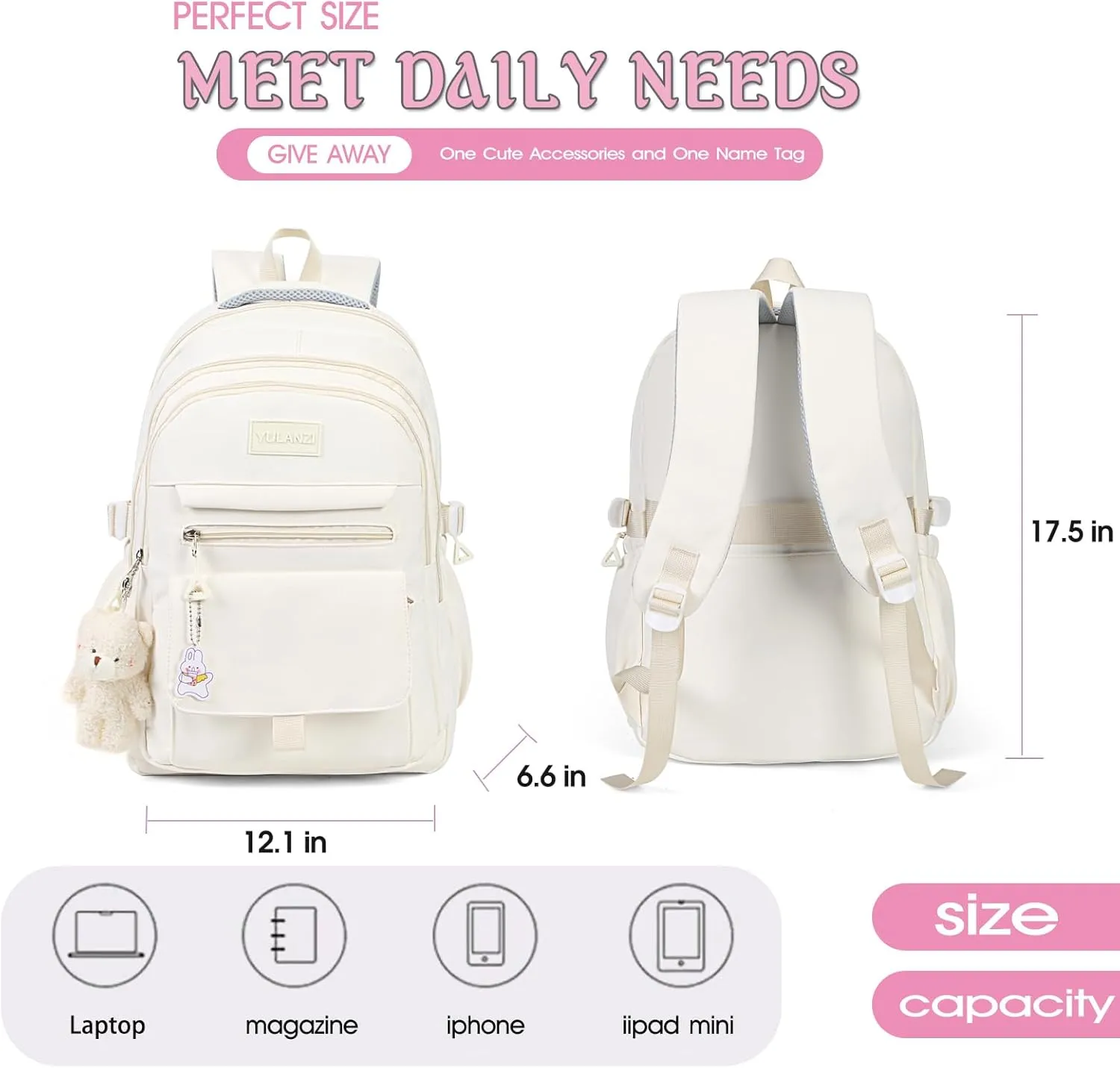 Girls Backpack for College High Middle School Student, Cute Aesthetic Bookbag for Teens Women with Accessories,Blue