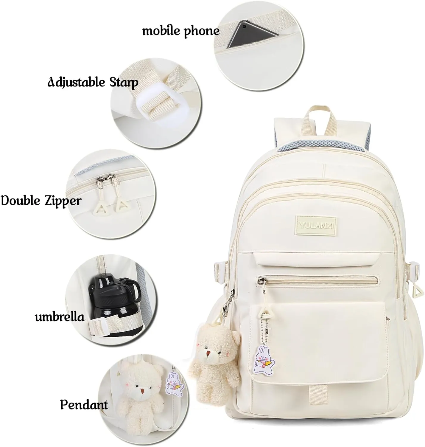 Girls Backpack for College High Middle School Student, Cute Aesthetic Bookbag for Teens Women with Accessories,Khaki