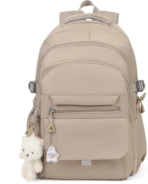 Girls Backpack for College High Middle School Student, Cute Aesthetic Bookbag for Teens Women with Accessories,Khaki