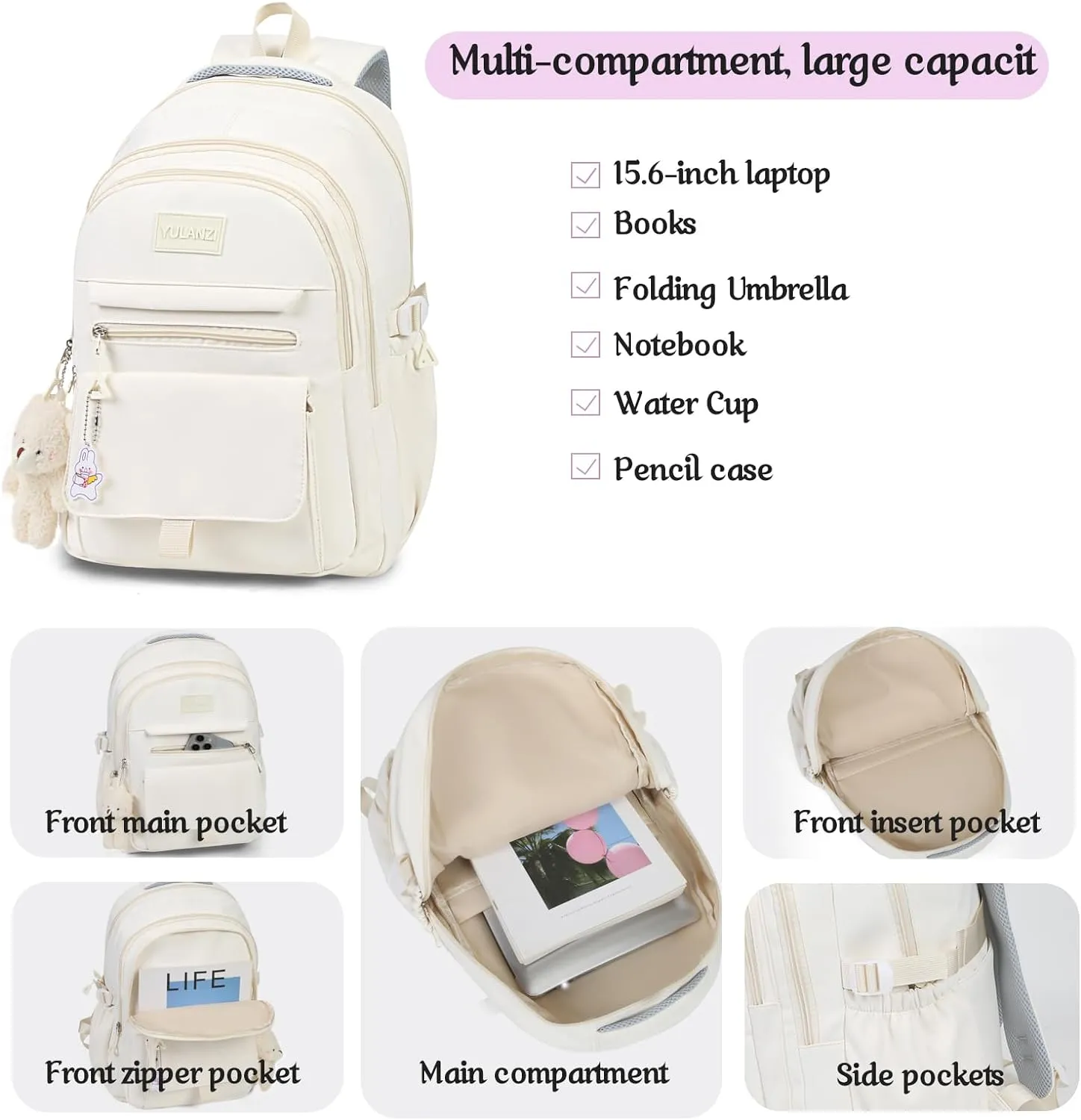 Girls Backpack for College High Middle School Student, Cute Aesthetic Bookbag for Teens Women with Accessories,Khaki