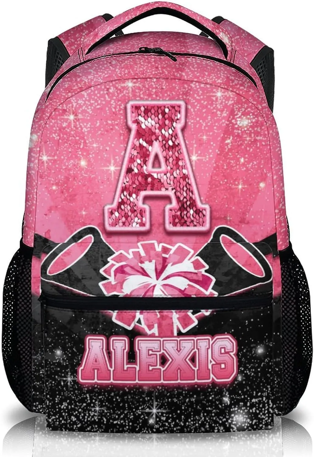 Girls Backpack for Kids - Personalized Cheerleader Backpack for Kindergarten Preschool Primary - 17 Inch Lightweight Black & Pink Glitter Custom Initial Name Cheer Daypack for School Travel Picnic