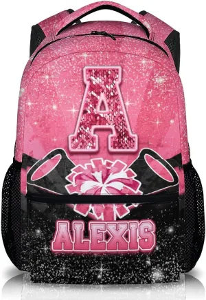 Girls Backpack for Kids - Personalized Cheerleader Backpack for Kindergarten Preschool Primary - 17 Inch Lightweight Black & Pink Glitter Custom Initial Name Cheer Daypack for School Travel Picnic