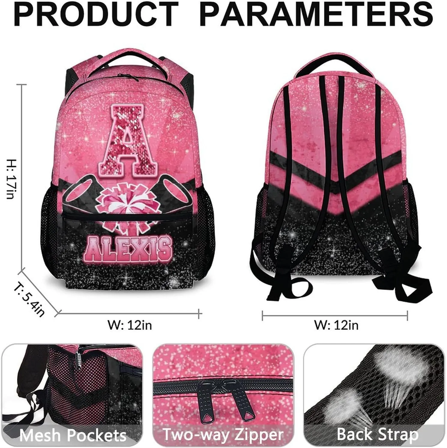 Girls Backpack for Kids - Personalized Cheerleader Backpack for Kindergarten Preschool Primary - 17 Inch Lightweight Black & Pink Glitter Custom Initial Name Cheer Daypack for School Travel Picnic