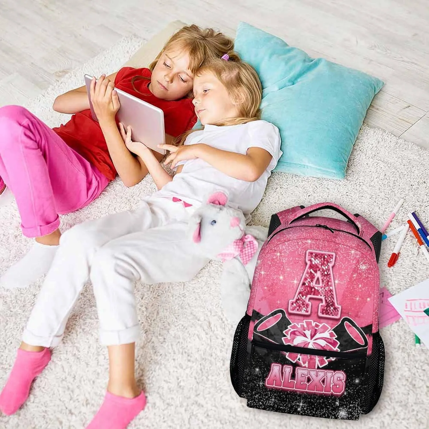 Girls Backpack for Kids - Personalized Cheerleader Backpack for Kindergarten Preschool Primary - 17 Inch Lightweight Black & Pink Glitter Custom Initial Name Cheer Daypack for School Travel Picnic