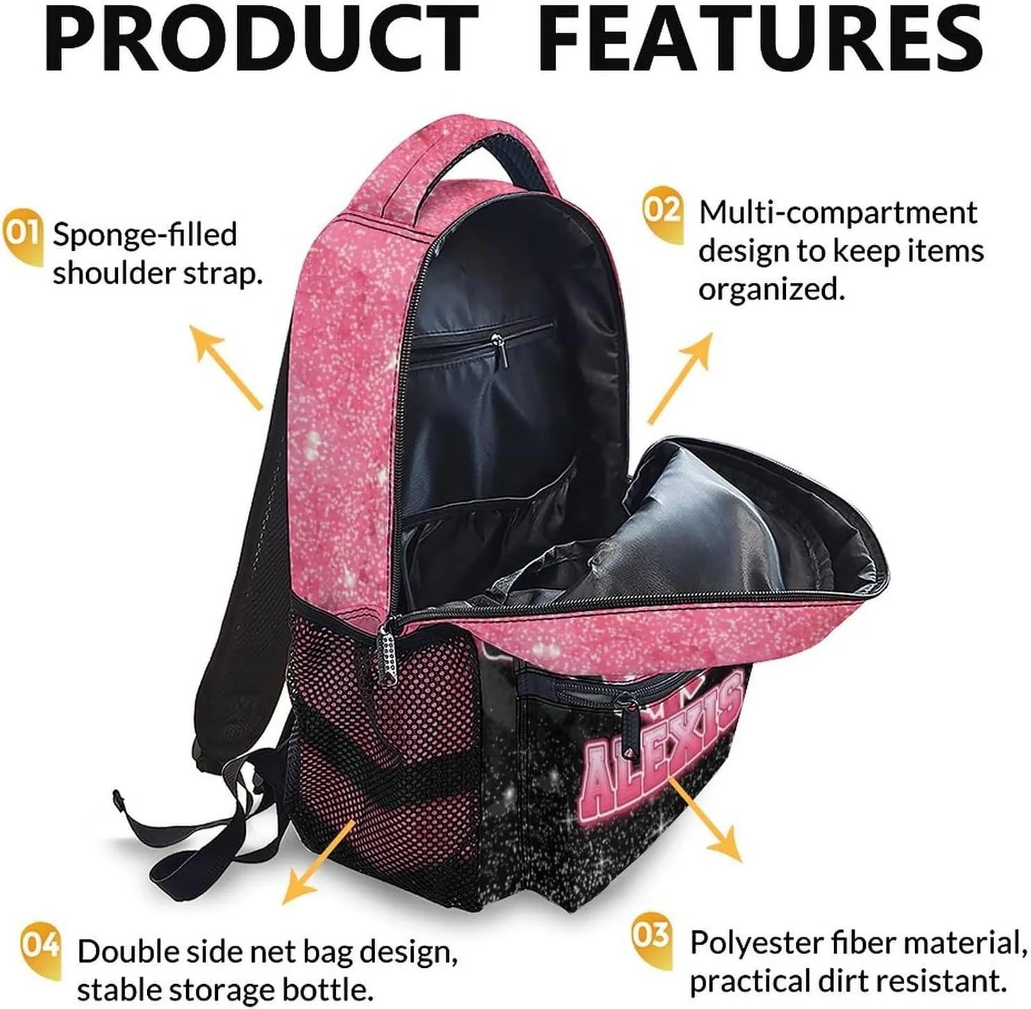 Girls Backpack for Kids - Personalized Cheerleader Backpack for Kindergarten Preschool Primary - 17 Inch Lightweight Black & Pink Glitter Custom Initial Name Cheer Daypack for School Travel Picnic