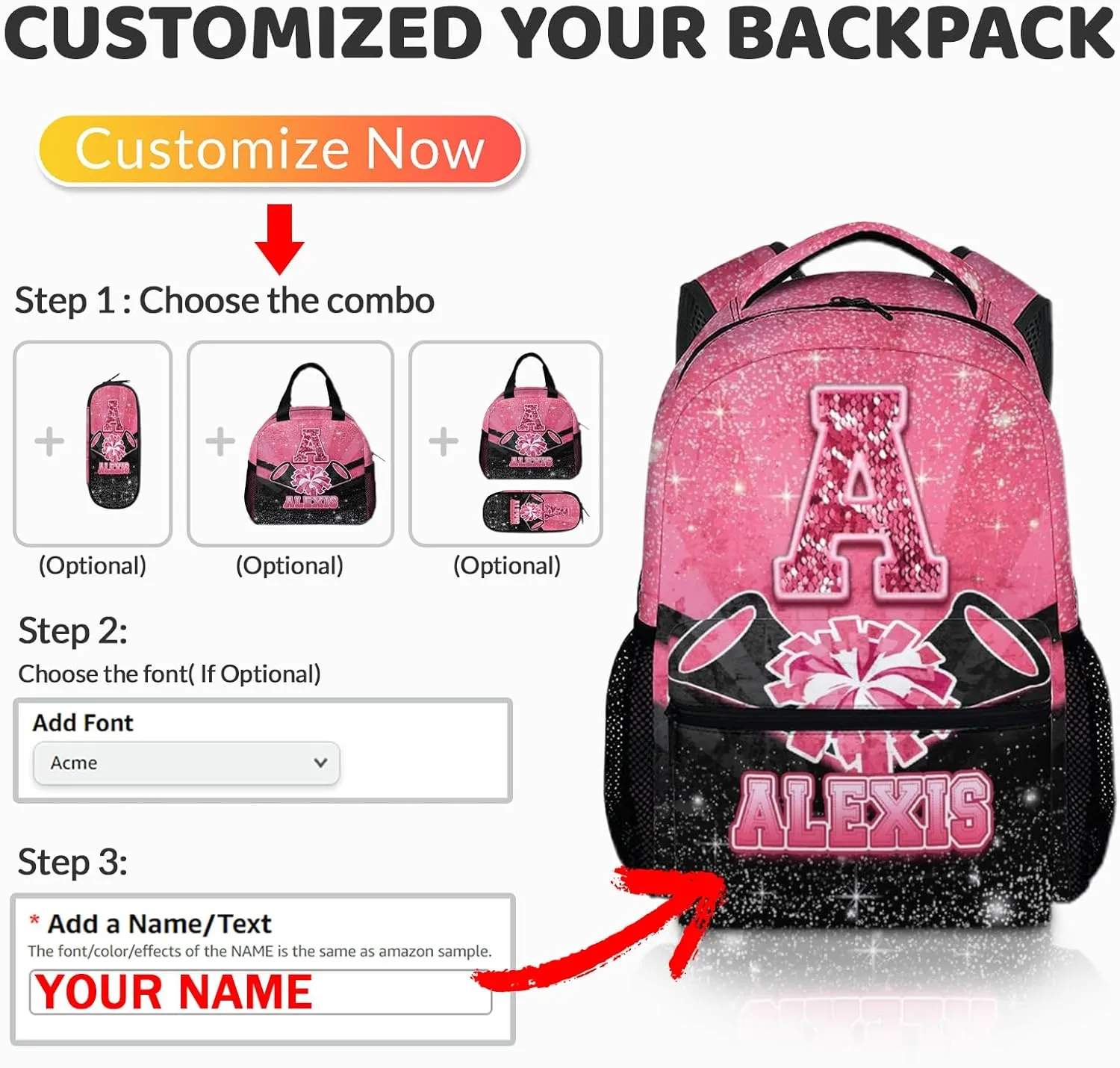 Girls Backpack for Kids - Personalized Cheerleader Backpack for Kindergarten Preschool Primary - 17 Inch Lightweight Black & Pink Glitter Custom Initial Name Cheer Daypack for School Travel Picnic