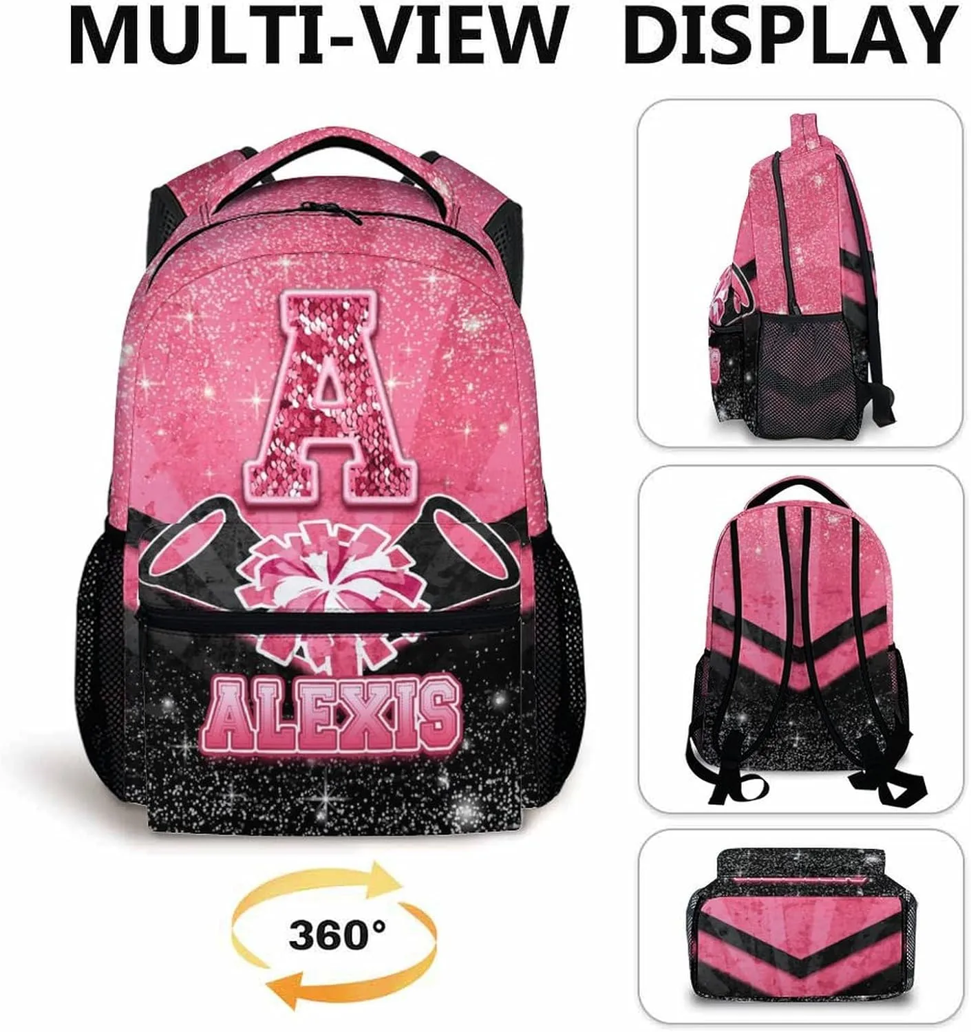 Girls Backpack for Kids - Personalized Cheerleader Backpack for Kindergarten Preschool Primary - 17 Inch Lightweight Black & Pink Glitter Custom Initial Name Cheer Daypack for School Travel Picnic