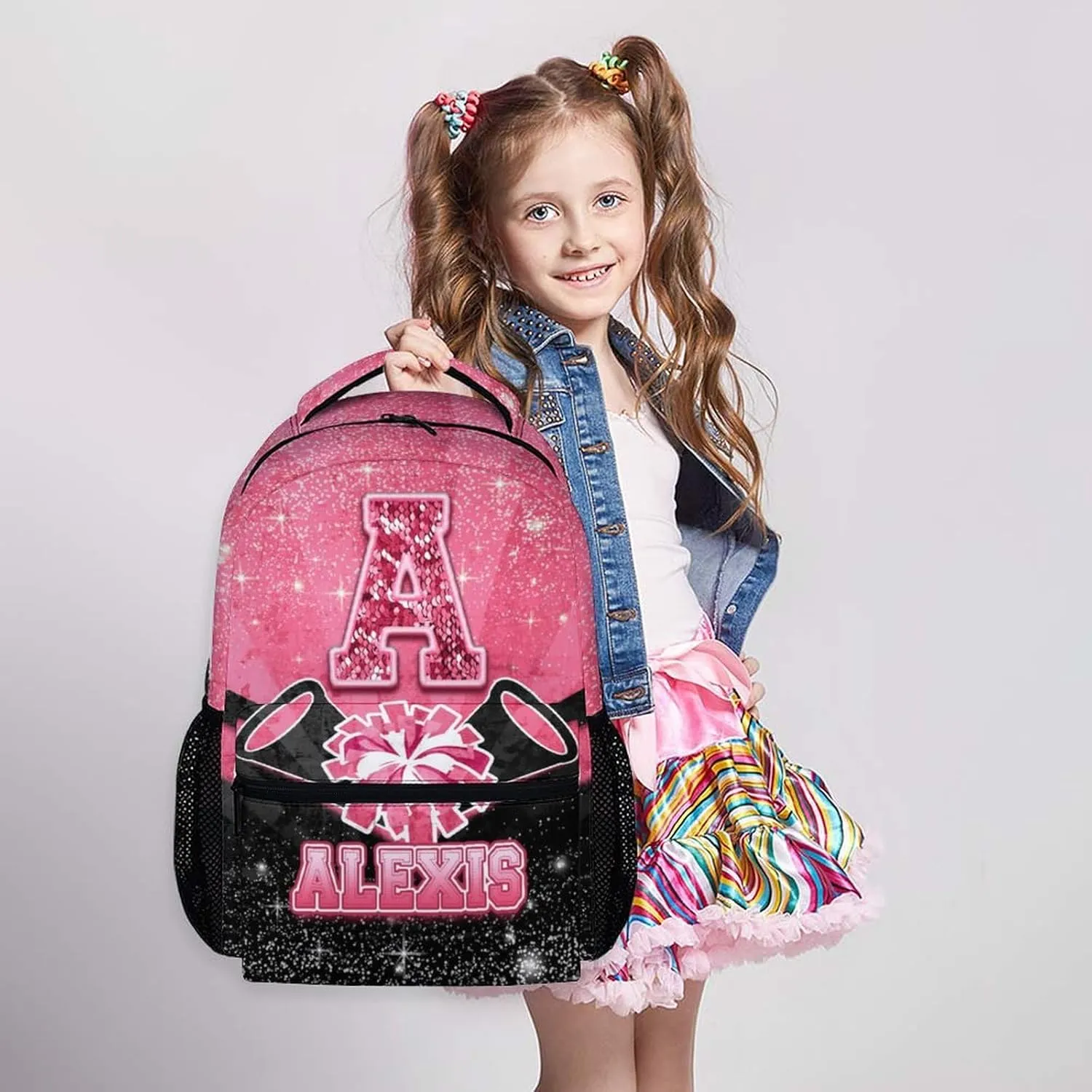 Girls Backpack for Kids - Personalized Cheerleader Backpack for Kindergarten Preschool Primary - 17 Inch Lightweight Black & Pink Glitter Custom Initial Name Cheer Daypack for School Travel Picnic