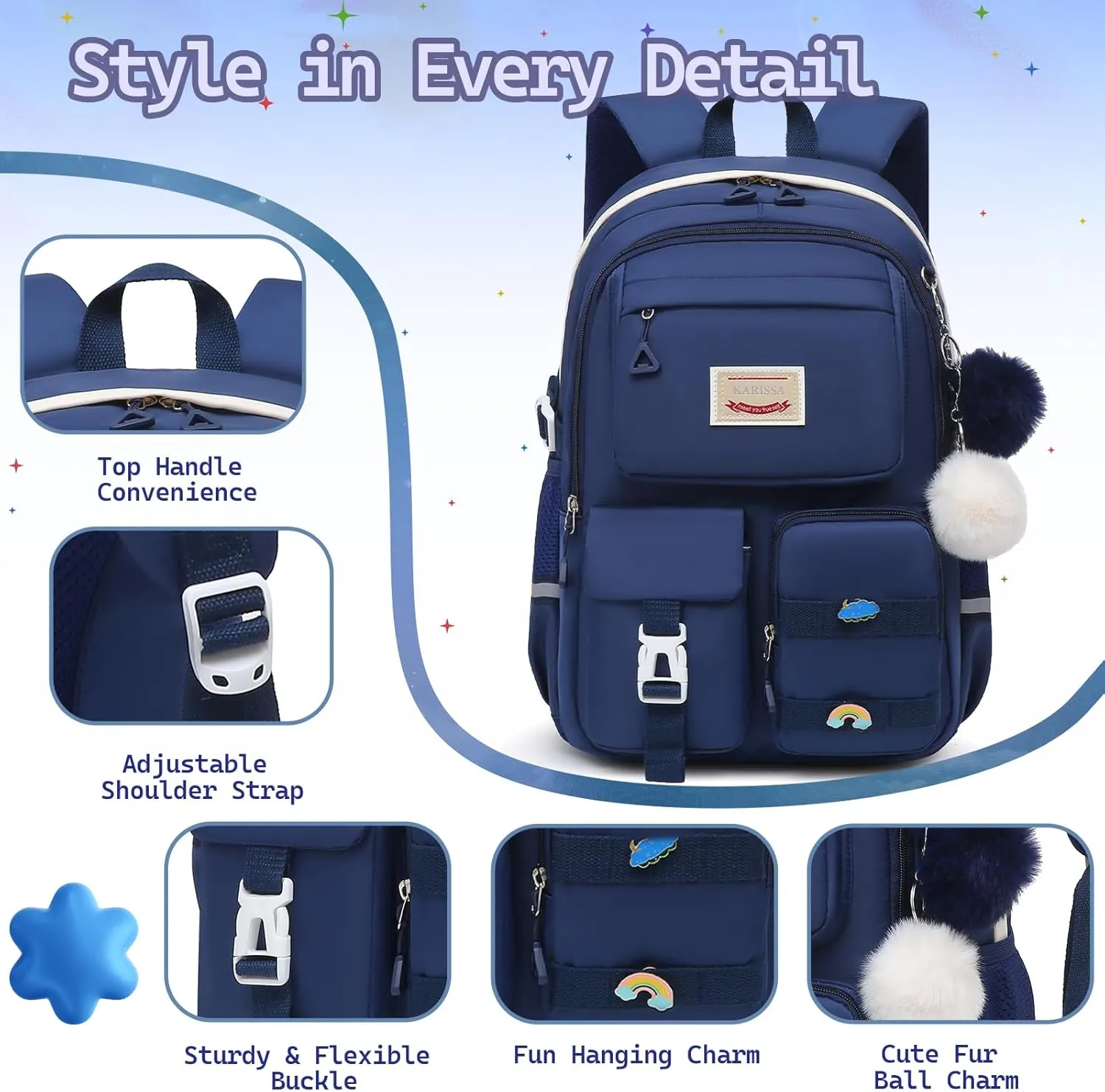 Girls Backpack Student Laptop Book Bag with Multiple Pockets for Teen Kids Elementary Middle School Travel Daypack Blue
