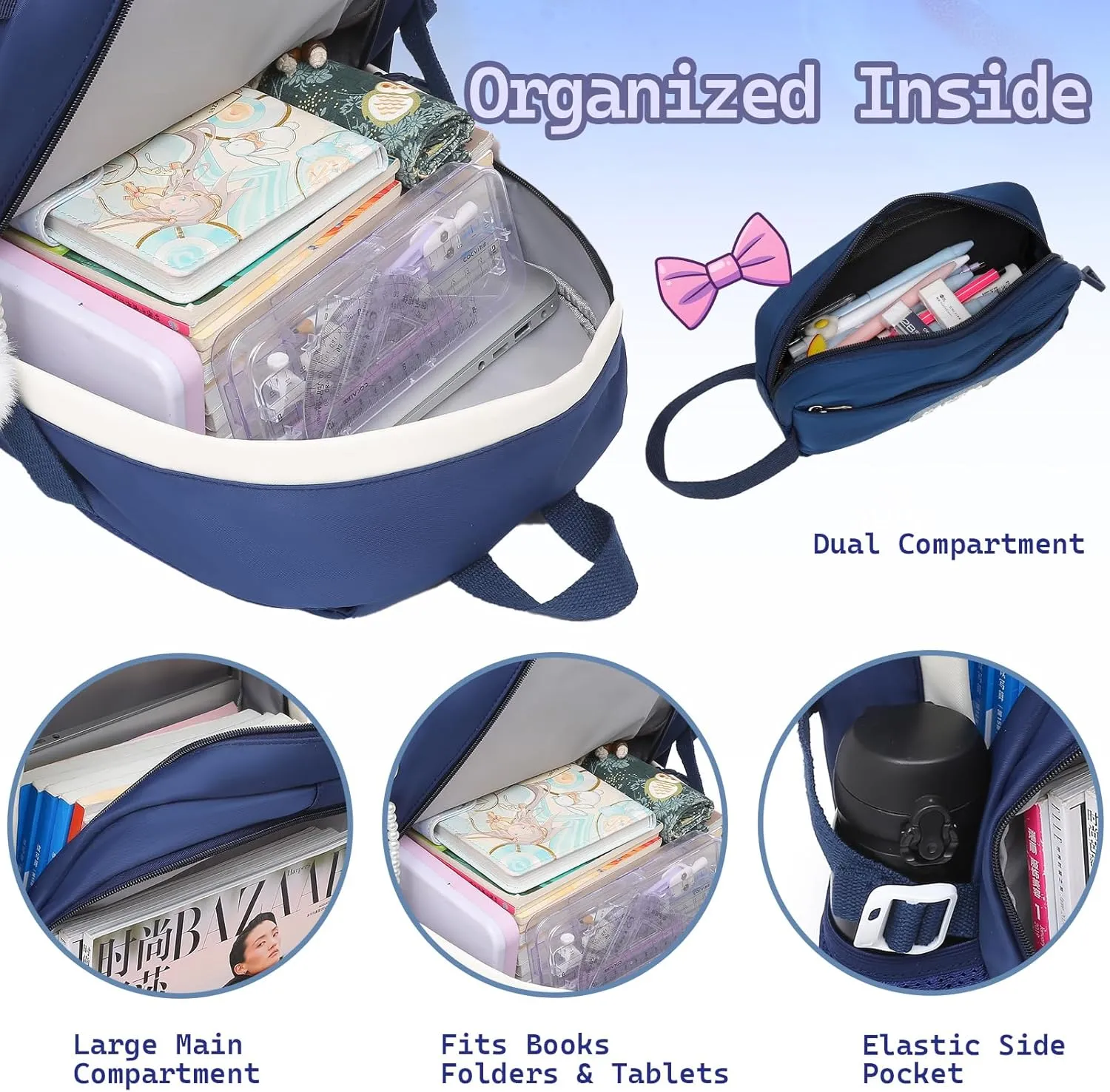 Girls Backpack Student Laptop Book Bag with Multiple Pockets for Teen Kids Elementary Middle School Travel Daypack Blue