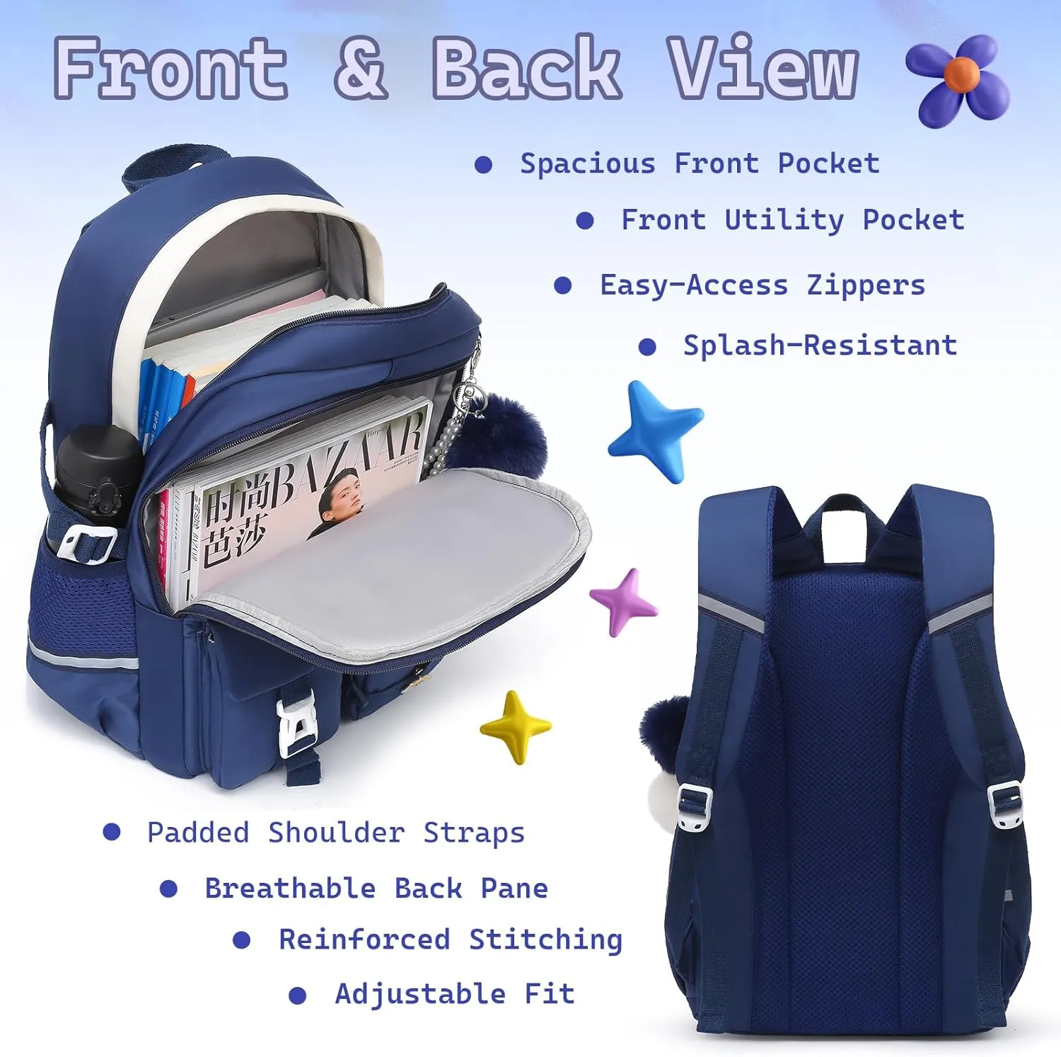 Girls Backpack Student Laptop Book Bag with Multiple Pockets for Teen Kids Elementary Middle School Travel Daypack Blue
