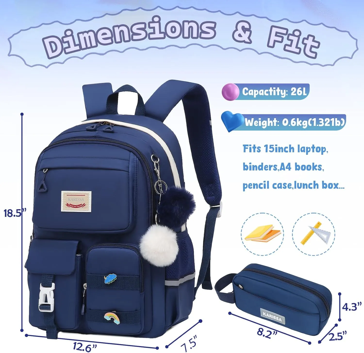 Girls Backpack Student Laptop Book Bag with Multiple Pockets for Teen Kids Elementary Middle School Travel Daypack Blue