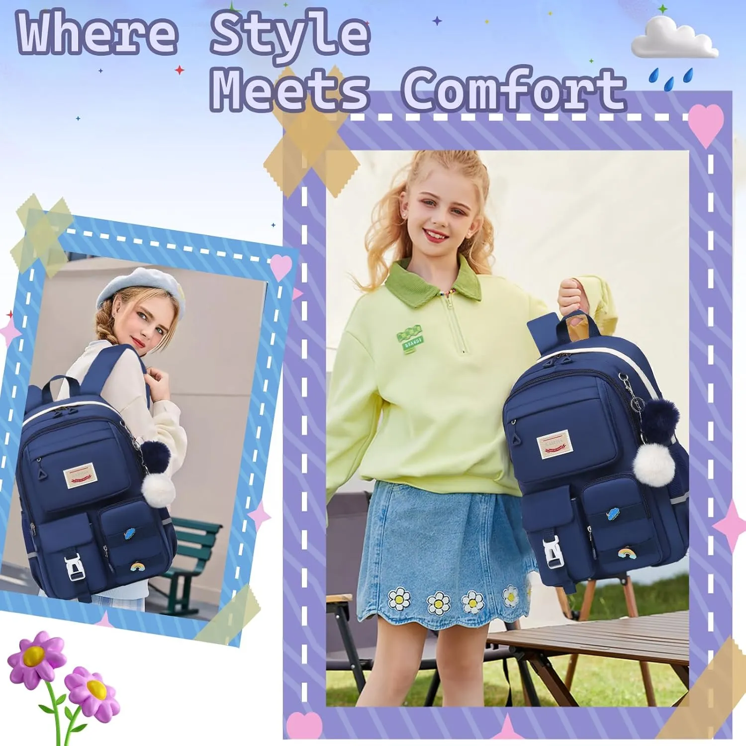 Girls Backpack Student Laptop Book Bag with Multiple Pockets for Teen Kids Elementary Middle School Travel Daypack Blue