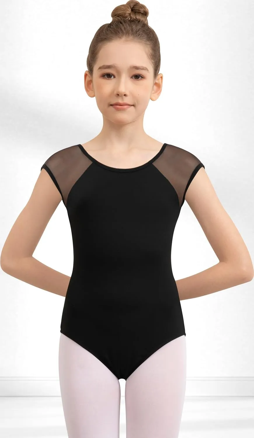 Girls Dance Ballet Leotard Mesh Cap Sleeve,Cute V-Shaped Mesh Back