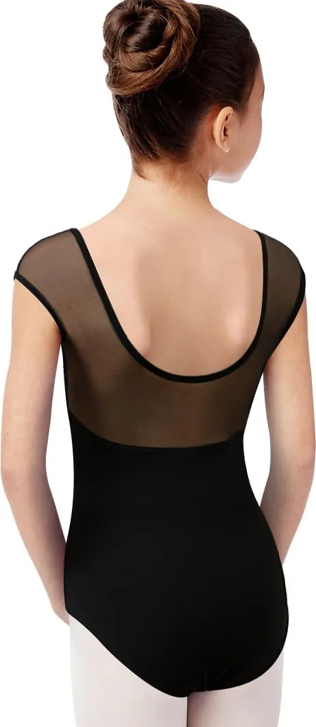 Girls Dance Ballet Leotard Mesh Cap Sleeve,Cute V-Shaped Mesh Back
